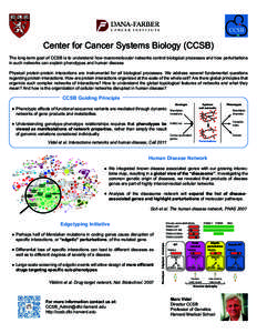 CCSB  Center for Cancer Systems Biology (CCSB) The long-term goal of CCSB is to understand how macromolecular networks control biological processes and how perturbations in such networks can explain phenotypes and human 