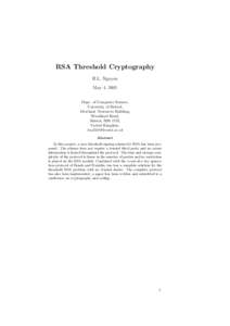 RSA Threshold Cryptography H.L. Nguyen May 4, 2005 Dept. of Computer Science, University of Bristol, Merchant Venturers Building,