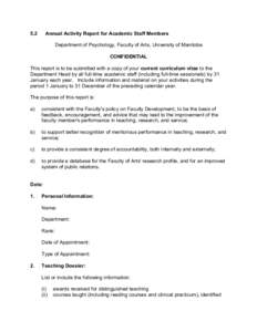 5.2  Annual Activity Report for Academic Staff Members Department of Psychology, Faculty of Arts, University of Manitoba CONFIDENTIAL