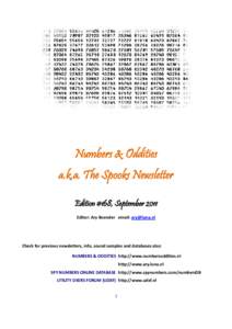 Numbers & Oddities a.k.a. The Spooks Newsletter Edition #168, September 2011 Editor: Ary Boender email:   Check for previous newsletters, info, sound samples and databases also: