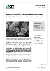 Presseinformation Nr. 026 | afr | Kalkalgen als Vorbild für zellfreie Biomineralisation Die Mikroalge Emiliania huxleyi bildet mikroskopisch kleine Kalkplättchen. Das Verständnis dieses biologischen Prozess