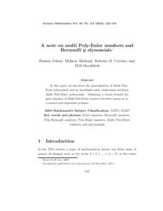 General Mathematics Vol. 20, No[removed]), 122–134  A note on multi Poly-Euler numbers and Bernoulli p olynomials 1 Hassan Jolany, Mohsen Aliabadi, Roberto B. Corcino, and M.R.Darafsheh