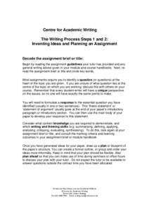 Centre for Academic Writing The Writing Process Steps 1 and 2: Inventing Ideas and Planning an Assignment Decode the assignment brief or title: Begin by reading the assignment guidelines your tutor has provided and any