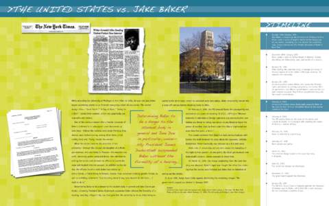 >THE UNITED STATES vs. JAKE BAKER >TIMELINE October 1994–January 1995 Jake Baker, a student at the University of Michigan in Ann Arbor, posts a series of graphic stories to the newsgroup alt.sex.stories, including one 