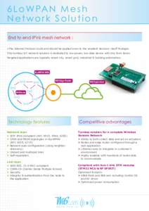 6 L o W PA N M e s h Network Solution End to end IPV6 mesh network : «The Internet Protocol could and should be applied even to the smallest devices» Geoff Mulligan This turnkey loT network solution is dedicated to low
