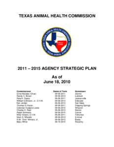 TEXAS ANIMAL HEALTH COMMISSION  2011 – 2015 AGENCY STRATEGIC PLAN As of June 18, 2010 Commissioner