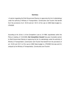 Summary of opinion regarding the Draft Government Decree on approving the list of undertakings under the authority of Ministry of Transportation, Construction and Tourism that benefit from the provisions of art[removed]a