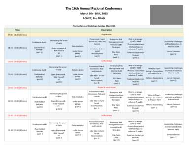 The 16th Annual Regional Conference March 9th ‐ 10th, 2015 ADNEC, Abu Dhabi Pre‐Conference Workshops: Sunday, March 8th Time