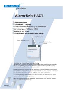 Alarm-Unit T-AZ/4 4 Digitaleingänge 4 Teilnehmer / Eingang Kommunikation über analoges Telefonnetz Alarmierung per SMS und E-Mail Quittieren per DTMF