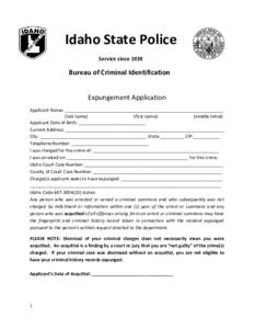 Idaho State Police Service since 1939 Bureau of Criminal Identification Expungement Application Applicant Name: ________________________________________________________________