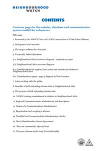 Contents page for the website, database and communication system toolkit for volunteers Title page 1. Foreword by the NHWN Chair and ACPO (Association of Chief Police Officers) 2. Background and overview 3. The target au
