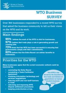 WTO Business SURVEY Over 300 businesses responded to a recent WTO survey that asked the business community to tell us their views on the WTO and its work.