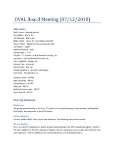 OVAL Board MeetingAttendees Nick Connor – Assuria Limited Eric Walker – BigFix, Inc. Jeff Spitulnik – BigFix, Inc. Blake Frantz – Center for Internet Security (CIS)