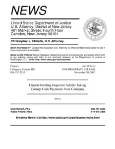 NEWS United States Department of Justice U.S. Attorney, District of New Jersey 401 Market Street, Fourth Floor Camden, New Jersey[removed]Christopher J. Christie, U.S. Attorney