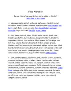 Food Alphabet Can you think of more words that can be added to this list? Send them to Mrs. Jones A - asparagus, apple, apricot, anchovies, applesauce, Alphabits cereal, artichokes, animal crackers, almonds, angel hair p