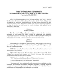 Revised – CODE OF OPERATING RESOLUTIONS OF THE ALUMNI ASSOCIATION OF ST. JOHN’S COLLEGE (as amended March 5, 2016)