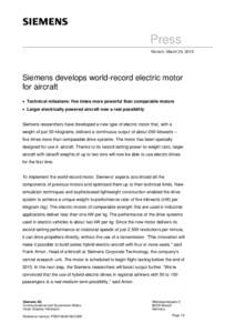 Press Release: Siemens develops world-record electric motor for aircraft