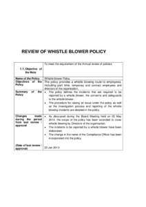 REVIEW OF WHISTLE BLOWER POLICY To meet the requirement of the Annual review of policies 1.1. Objective of the Note Name of the Policy