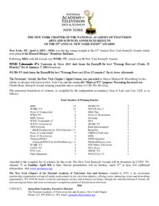 THE NEW YORK CHAPTER OF THE NATIONAL ACADEMY OF TELEVISION ARTS AND SCIENCES ANNOUNCES RESULTS OF THE 55th ANNUAL NEW YORK EMMY® AWARDS New York, NY, April 1, 2012 – MSG was the big winner tonight at the 55th Annual N