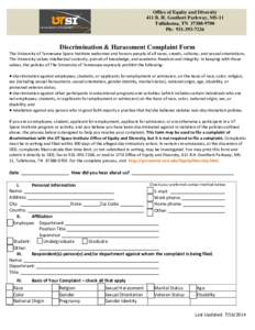 Office of Equity and Diversity 411 B. H. Goethert Parkway, MS-11 Tullahoma, TNPh: Discrimination & Harassment Complaint Form