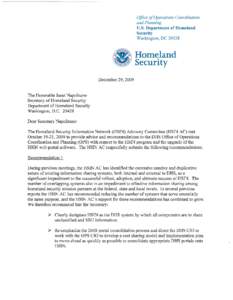HSIN Letter to Secretary Napolitano regarding October 2009 Recomms