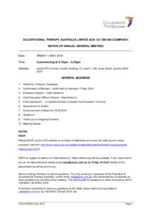 OCCUPATIONAL THERAPY AUSTRALIA LIMITED ACNCOMPANY) NOTICE OF ANNUAL GENERAL MEETING _________________________________________________________________________ Date:  FRIDAY 1 MAY 2015