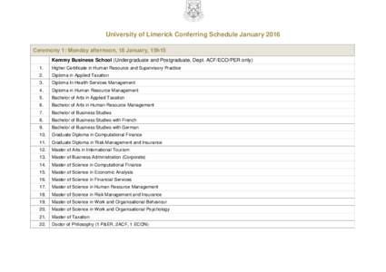University of Limerick Conferring Schedule January 2016 Ceremony 1: Monday afternoon, 18 January, 15h15 Kemmy Business School (Undergraduate and Postgraduate, Dept. ACF/ECO/PER only) 1.  Higher Certificate in Human Resou