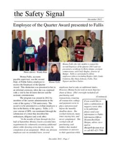 the Safety Signal December 2012 Employee of the Quarter Award presented to Fallis  Photo (above): Wanda Blair