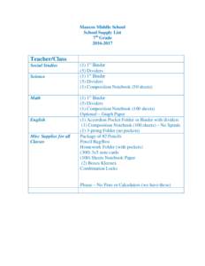 Mancos Middle School School Supply List 7th GradeTeacher/Class