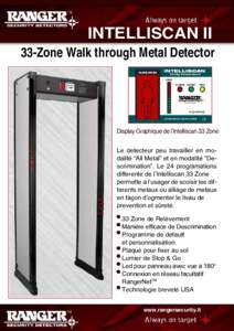 INTELLISCAN II 33-Zone Walk through Metal Detector Display Graphique de l’Intelliscan 33 Zone Le detecteur peu travailler en modalité “All Metal” et en modalité ”Descrimination”. Le 24 programations different