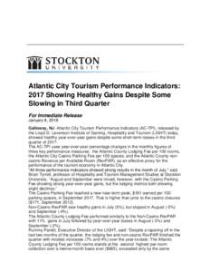 Atlantic City Tourism Performance Indicators: 2017 Showing Healthy Gains Despite Some Slowing in Third Quarter For Immediate Release January 8, 2018 Galloway, NJ- Atlantic City Tourism Performance Indicators (AC-TPI), re