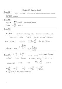 Physics 195 Equation Sheet: Exam #1: vf = vo + at xf = xo + vo t + ½ at2 acceleration)