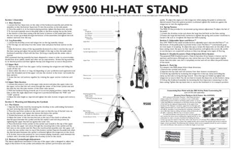 DW 9500 HI-HAT STAND Remove the stand, accessories and all packing materials from the box and carrying bag, then follow these instructions to set-up and adjust your hi-hat to fit the way you play. Section 1: Assembly 1.1