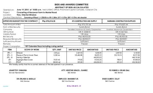 BIDS AND AWARDS COMMITTEE ABSTRACT OF BIDS AS CALCULATED June 19, 2015 at 10:00 a.m. held at BAC Office, Provincial Capitol Complex, Calapan City Opened on: Project: