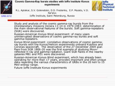 Cosmic Gamma-Ray bursts studies with Ioffe Institute Konus experiments GRB[removed]o 