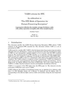 VAES3 scheme for FFX An addendum to “The FFX Mode of Operation for Format-Preserving Encryption” A parameter collection for encipher strings of arbitrary radix with subkey operation to lengthen life of the encipherin