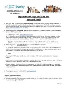 10B Airline Dr. Albany NYIMPORT/EXPORTFAX: Importation of Dogs and Cats into New York State