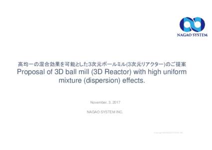 高均一の混合効果を可能とした3次元ボールミル(3次元リアクター)のご提案  Proposal of 3D ball mill (3D Reactor) with high uniform mixture (dispersion) effects. November, 3, 2017 NAGAO SYSTEM I