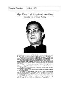 Sunday Examiner  23 July 1971 Mgr. Peter Lei Appointed Auxiliary Bishop of Hong Kong