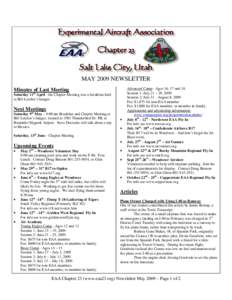 MAY 2009 NEWSLETTER Minutes of Last Meeting th Saturday 11 April - the Chapter Meeting was a breakfast held at Bill Letcher’s hanger.