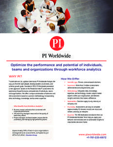 Optimize the performance and potential of individuals, teams and organizations through workforce analytics Why PI? Trusted advisors to a global client base, PI Worldwide changes the way you find the right people, develop