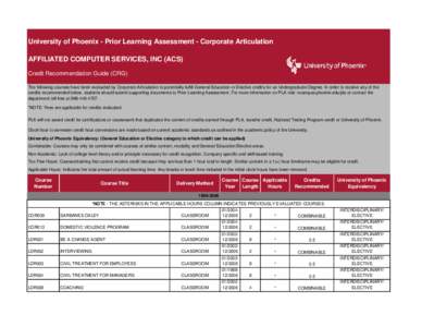 University of Phoenix - Prior Learning Assessment - Corporate Articulation AFFILIATED COMPUTER SERVICES, INC (ACS) Credit Recommendation Guide (CRG) The following courses have been evaluated by Corporate Articulation to 