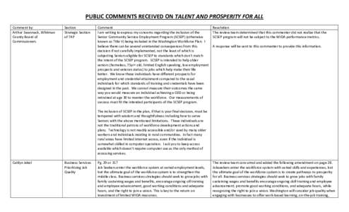 PUBLIC COMMENTS RECEIVED ON TALENT AND PROSPERITY FOR ALL Comment by: Arthur Swannack, Whitman County Board of Commissioners