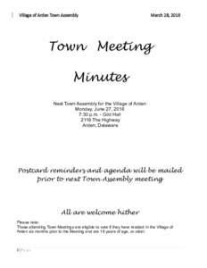 Village of Arden Town Assembly  March 28, 2016 Town Meeting Minutes