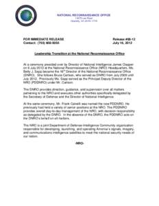 NATIONAL RECONNAISSANCE OFFICE[removed]Lee Road Chantilly, VA[removed]FOR IMMEDIATE RELEASE Contact: ([removed]