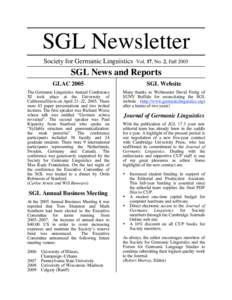 SGL Newsletter Society for Germanic Linguistics Vol. 17, No. 2, FallSGL News and Reports
