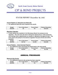 North Coast County Water District  CIP & BOND PROJECTS STATUS REPORT December 19, 2012 Annual Pipeline 2” Dead End Line Blow-offs  No additional blow-offs were repaired this month.