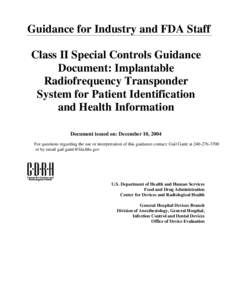 Class II Special Controls Gudiance Document: Implantable Radiofrequency Transponder System for Patient Identification and Health Information