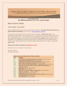 Issue: February[removed]Next MEPAG meeting June 16-17, 2011, Lisbon, Portugal Mars Science News “MARS WEEK” IN EUROPE