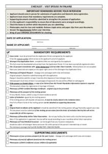 CHECKLIST - VISIT SPOUSE IN FINLAND IMPORTANT REMINDERS BEFORE YOUR INTERVIEW > > > >